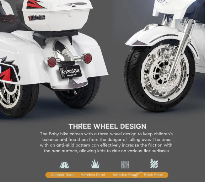 Harley-Style Tri Glide Kids Ride-On Motorcycle with 3 Wheels and Hand Throttle Age 3-6 - Image 12