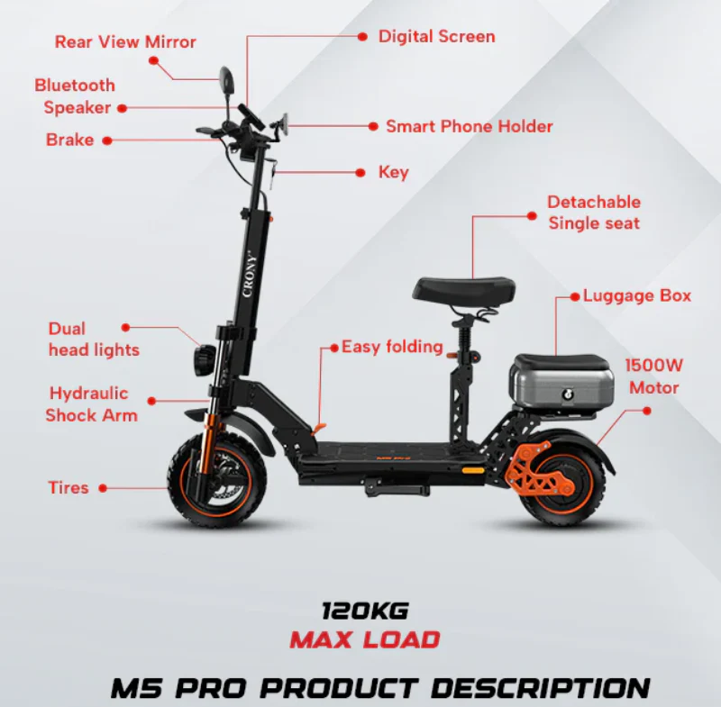 M5 Pro Electric Scooter 48V 18Ah 1500W with Rear Luggage box - Image 11