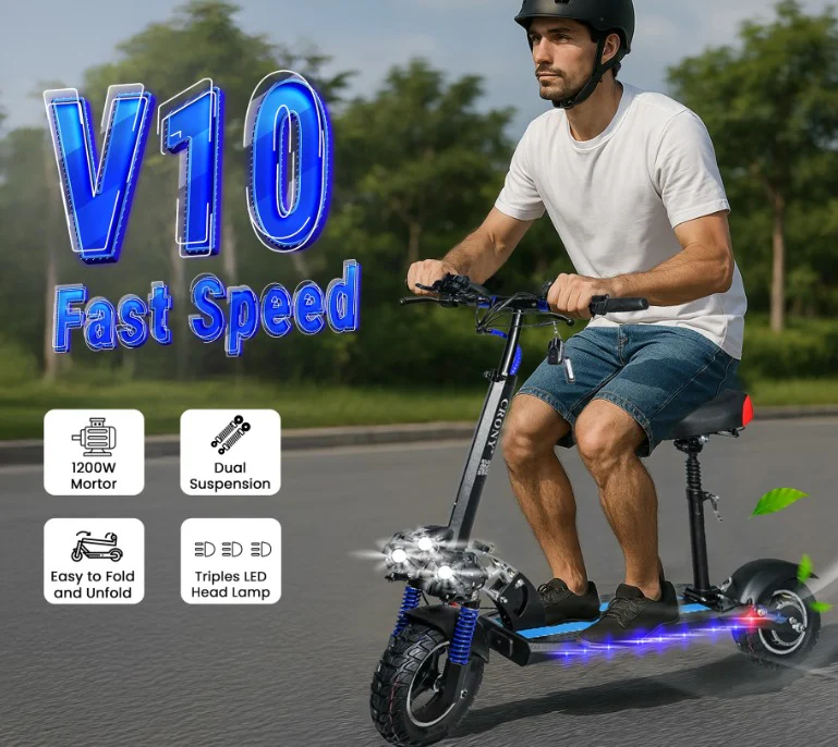 NEW V10 Electric Scooter 1200W 48V 12Ah Range 20-40Km Fast with Triple LED Headlamps Base LED Lights - Image 2