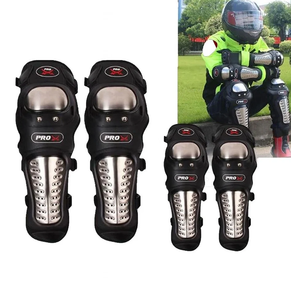 Pro-X Alloy Stainless Steel Knee Elbow Guard, Flexible Breathable Adjustable Knee Protector for Bikers Riders Black