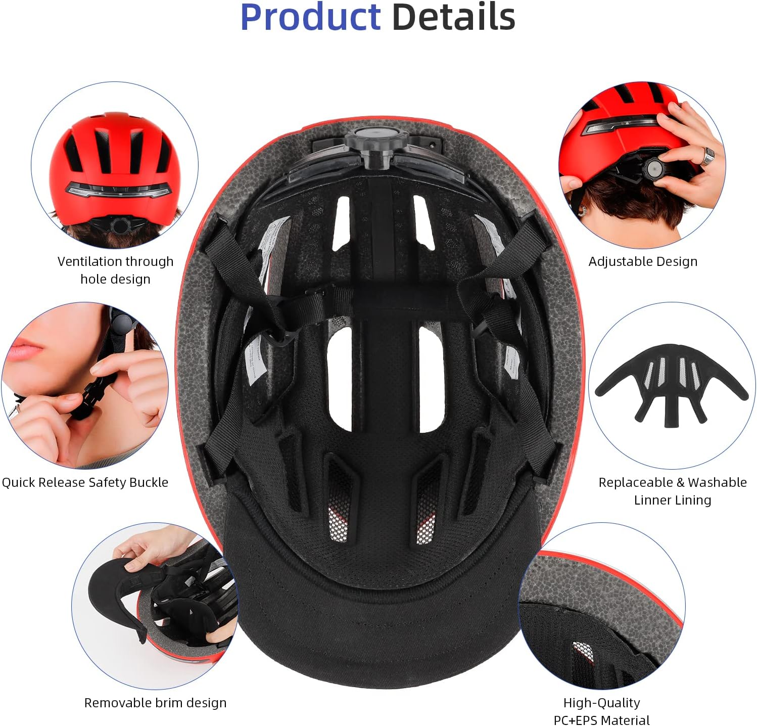 Smart Bicycle Helmet with Front Rear LED Light Detachable Visor and Lining for Adults Unisex - Image 9