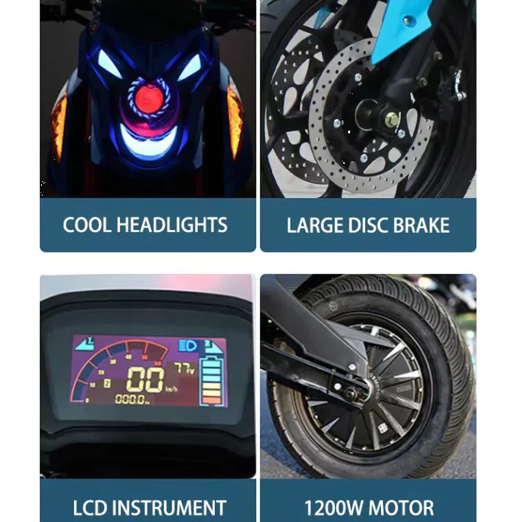 Sporty Fast Electric Motorcycle Motor Scooter E Bike for Adults 1000W 72V 20Ah - Image 3
