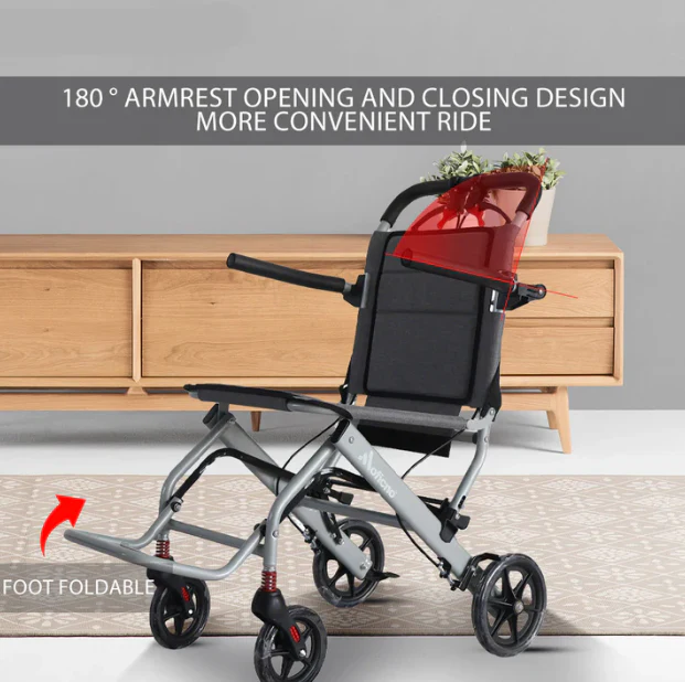 Ultralight Transport Wheelchair, Folding Portable Boarding Travelling with Hand Brake-For Adults & Seniors - Image 3