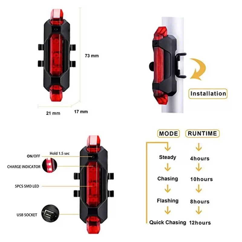 USB Rechargeable Lamp LED Safety Warning Taillight light Pire - Image 5